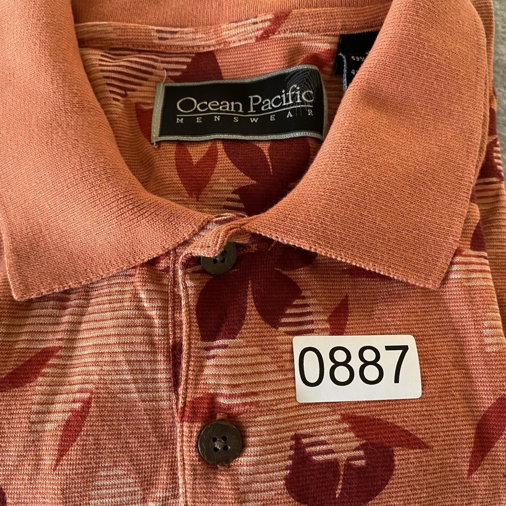 Ocean Pacific Menswear Polo Shirt Medium Orange Hawaiian Red Floral Travel - Picture 14 of 14